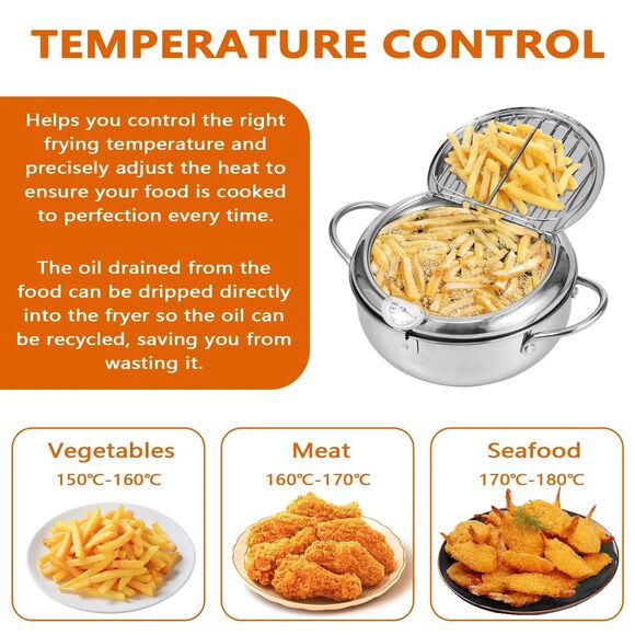 Deep Fryer Pot,  9 inch Stainless Steel W/ Thermometer & Lid, Deep Frying Pan - Picture 4 of 6